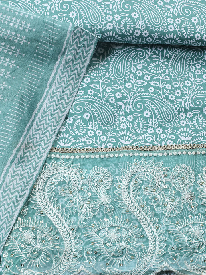 Printed Cotton Blend Unstitched Suit With Pant &amp; Dupatta