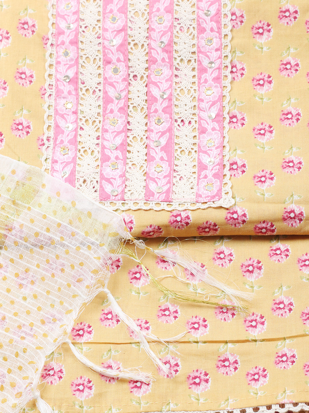 Printed Cotton Blend Unstitched Suit With Pant &amp; Dupatta