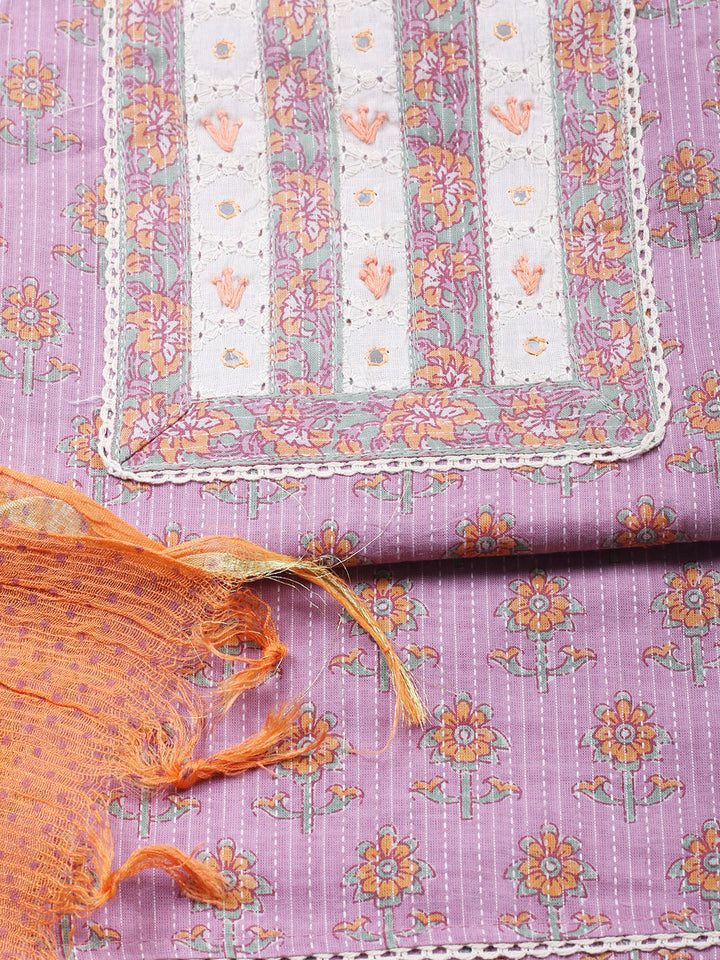 Printed Cotton Blend Unstitched Suit With Pant &amp; Dupatta