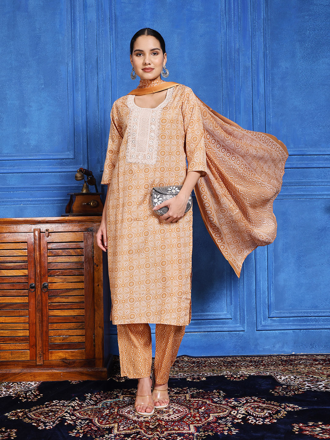 Floral Printed Cotton Kurta With Pants & Dupatta