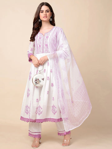 Printed Cotton Anarkali Kurta With Pants & Dupatta