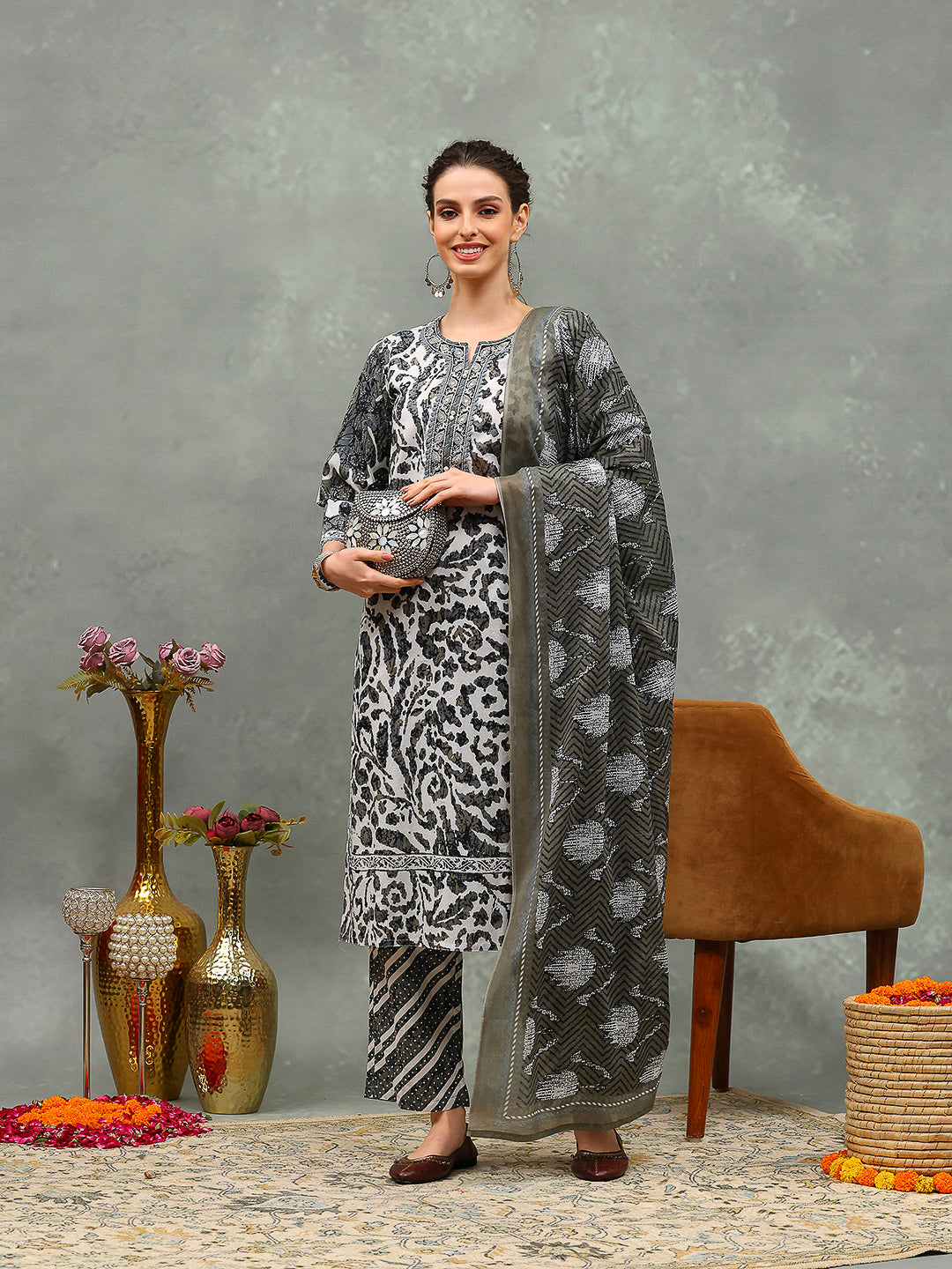 Printed Cotton Kurta With Pants &amp; Dupatta