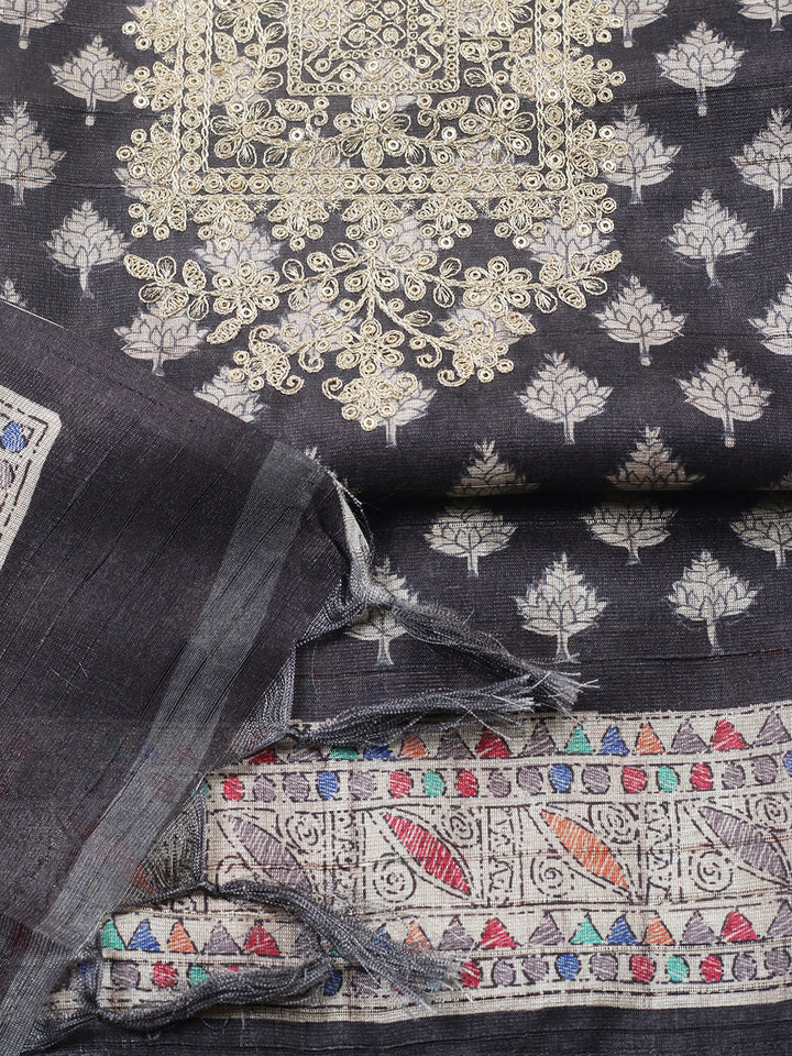 Embroidered Cotton Blend Unstitched Suit With Pant &amp; Dupatta