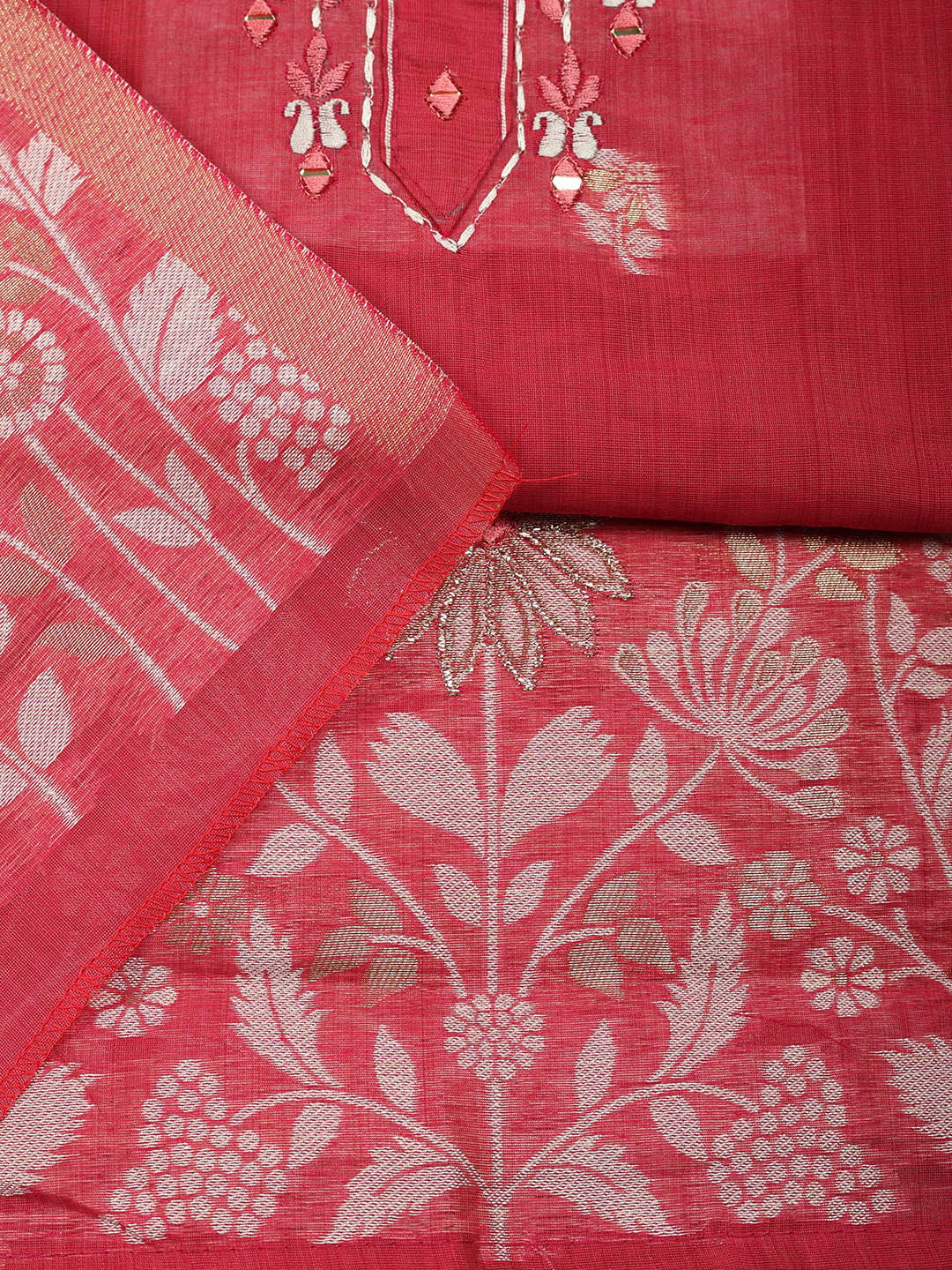 Embroidered Cotton Blend Unstitched Suit With Pant &amp; Dupatta