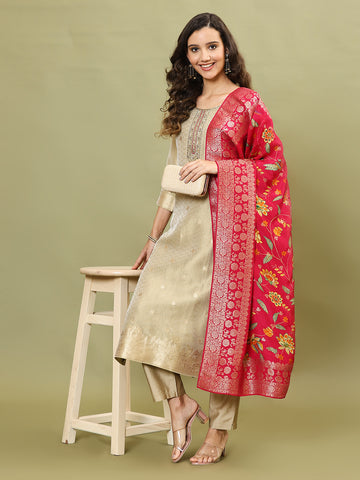 Woven Tissue Kurta With Pants & Dupatta