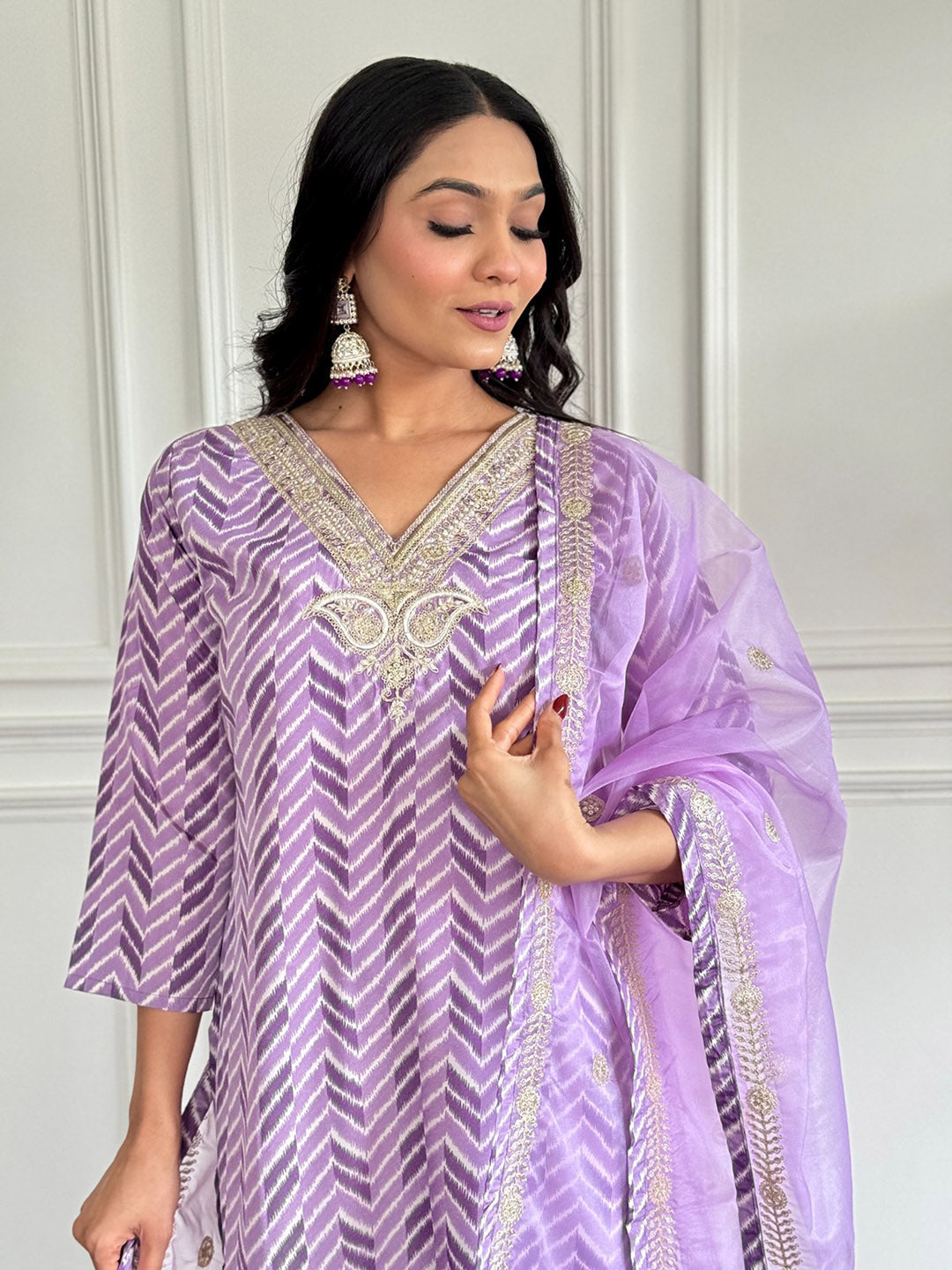 Neck Embroidery Cotton Blend Kurta With Pants &amp; Dupatta