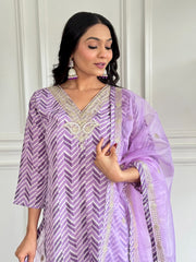 Neck Embroidery Cotton Blend Kurta With Pants & Dupatta