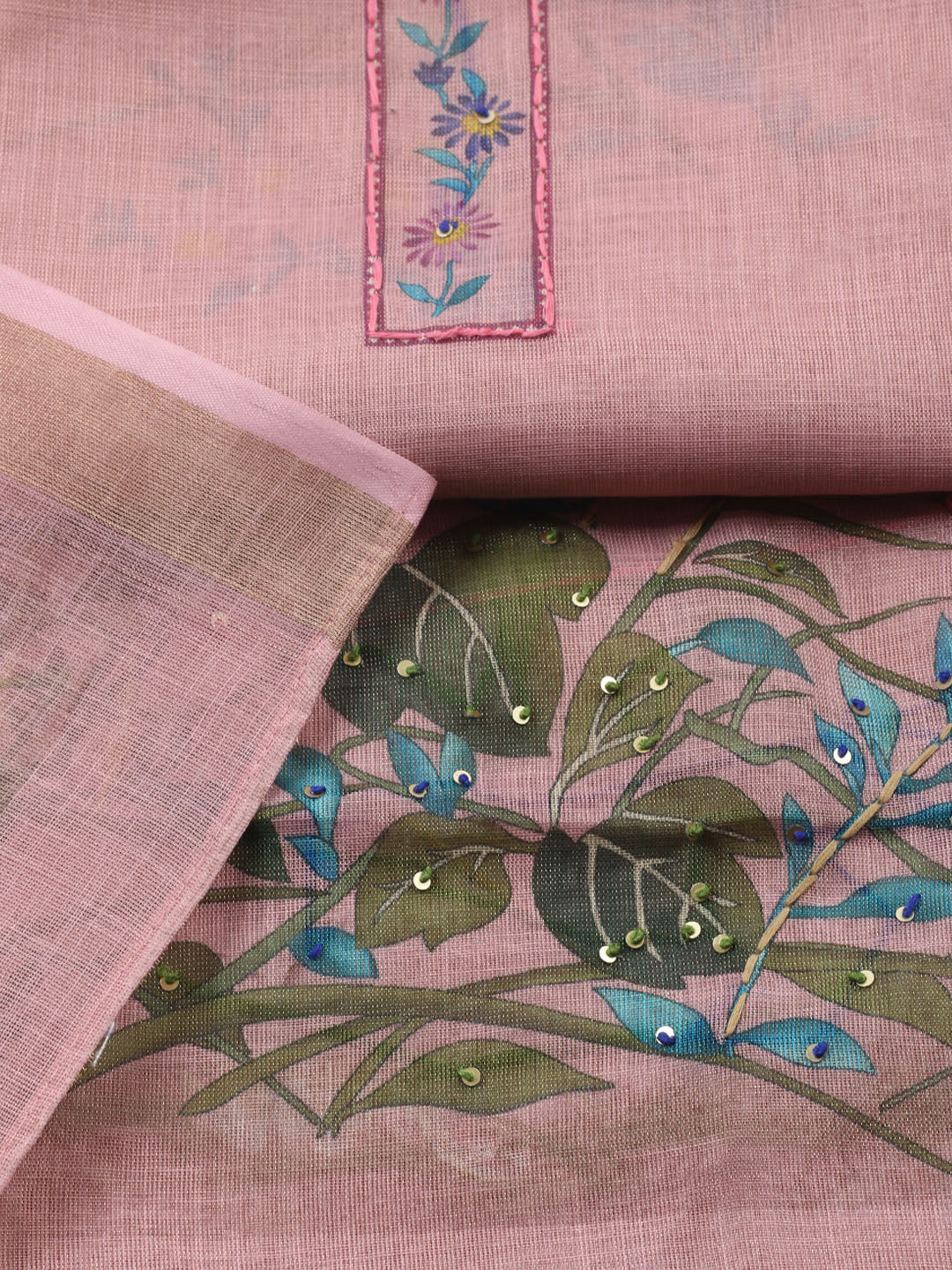 Printed Linen Blend Unstitched Suit With Pant &amp; Dupatta