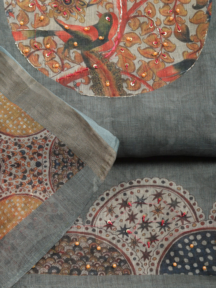 Printed Linen Blend Unstitched Suit With Pant &amp; Dupatta