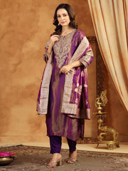 Neck Zari Embroidery Tissue Kurta With Pants & Dupatta