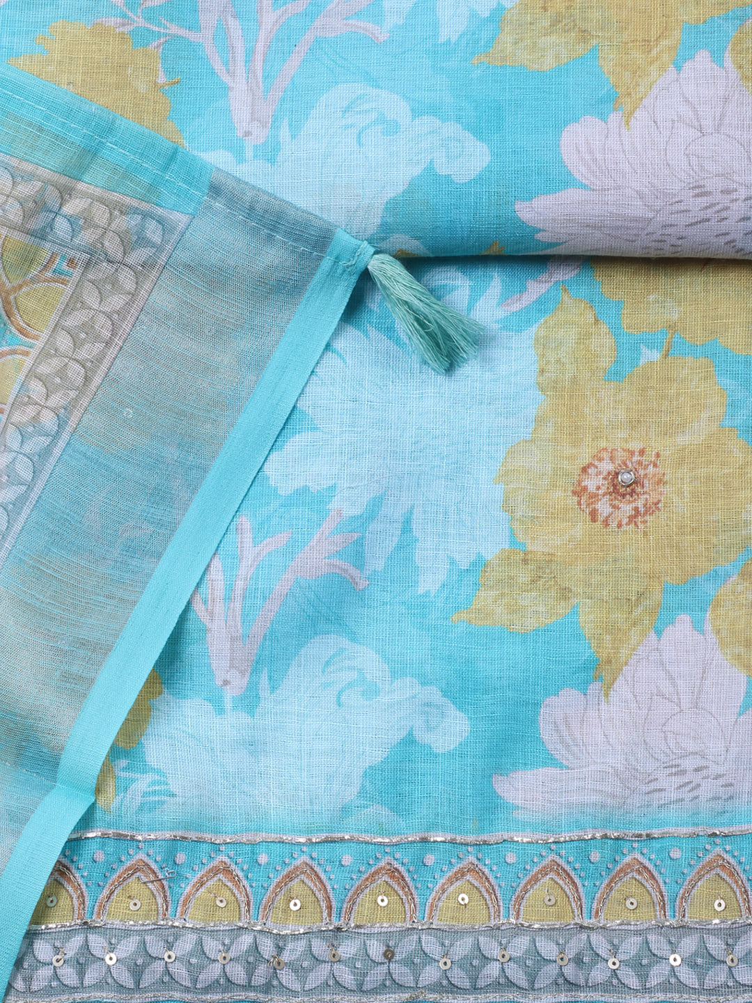 Embroidered Linen Blend Unstitched Suit With Pant &amp; Dupatta