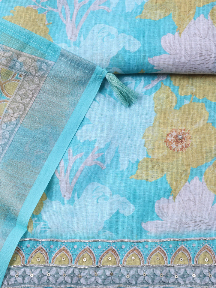 Embroidered Linen Blend Unstitched Suit With Pant &amp; Dupatta