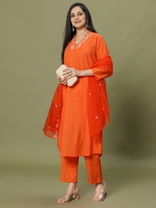 Neck Embroidered Cotton Blend Kurta With Pant & Dupatta