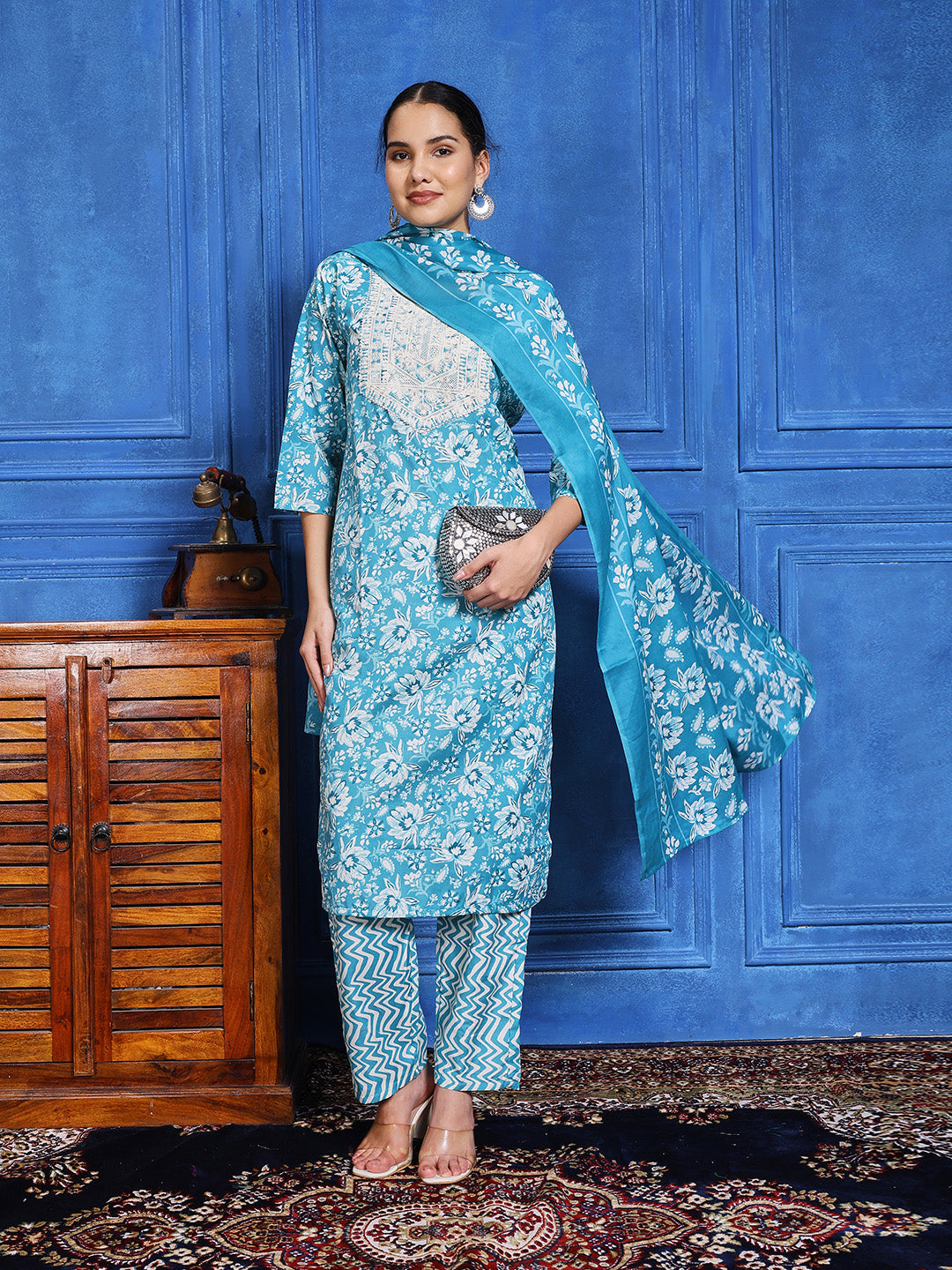 Printed Cotton Blend Kurta With Pants &amp; Dupatta
