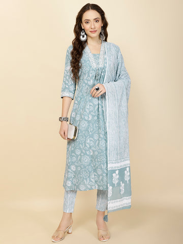 Printed Cotton Suit Set With Dupatta