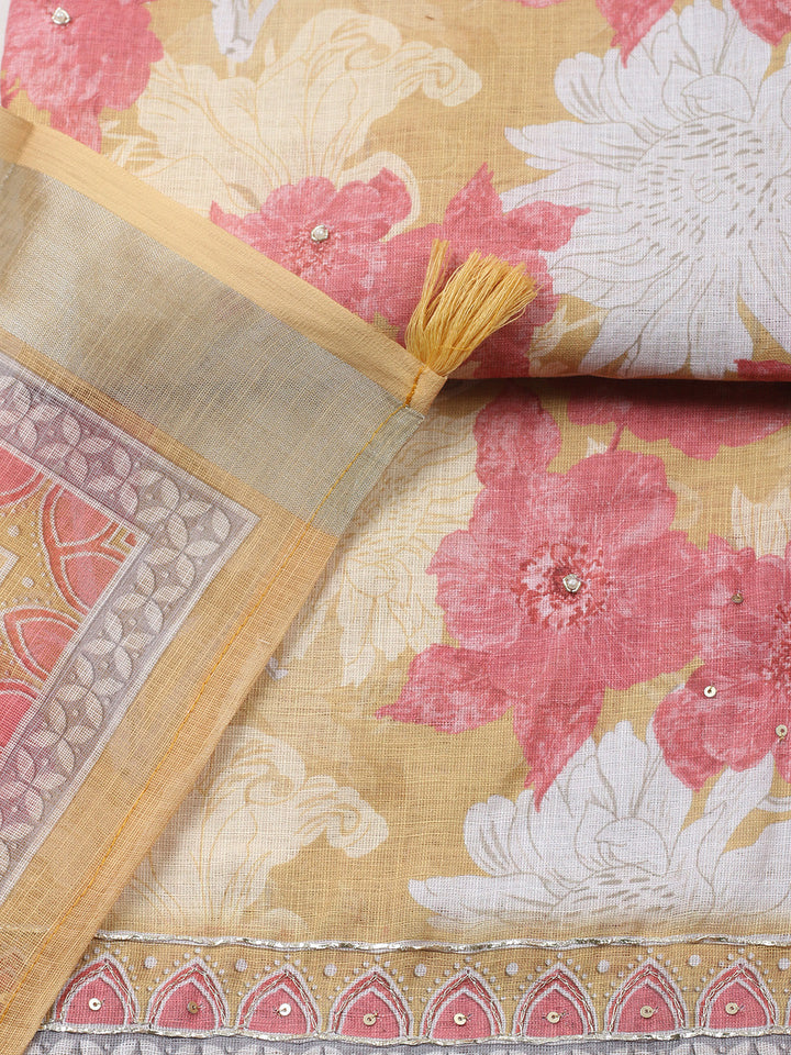 Embroidered Linen Blend Unstitched Suit With Pant &amp; Dupatta