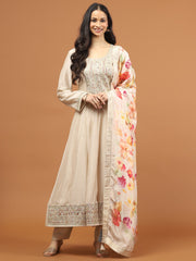 Zari Embroidery Art Silk Kurta With Pants & Dupatta