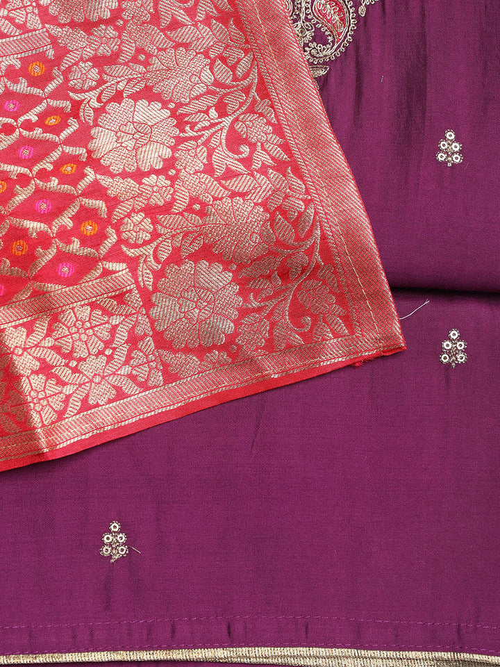 Embroidered Chanderi Unstitched Suit With Dupatta