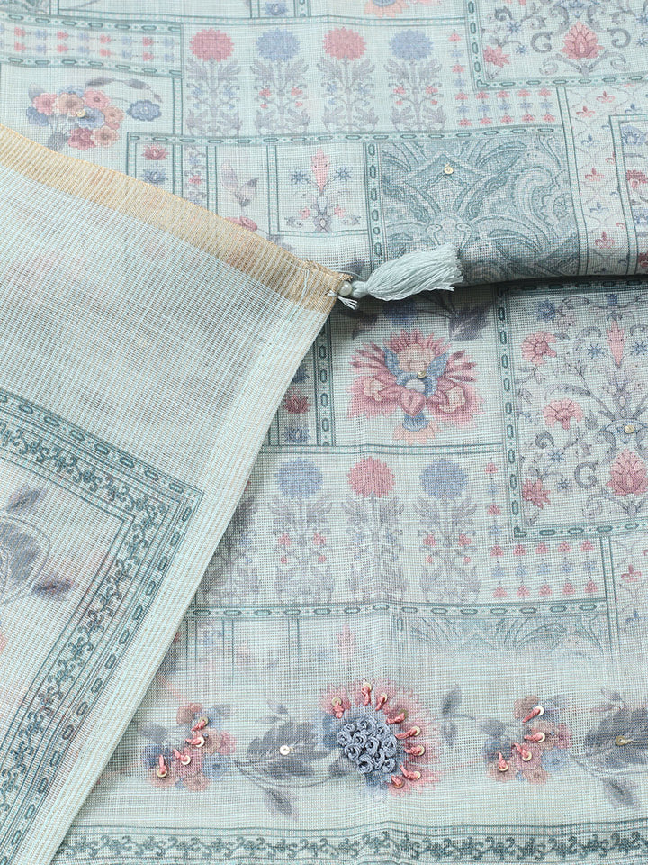 Printed Linen Blend Unstitched Suit With Pant &amp; Dupatta