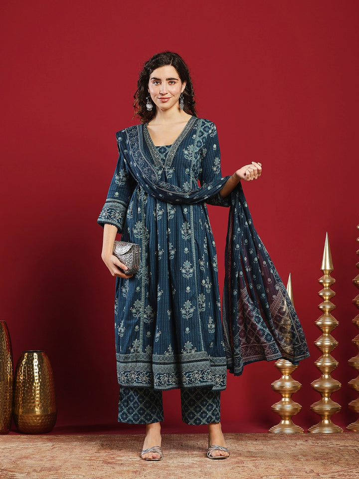 Blue Cotton Blend Printed Straight Suit Set