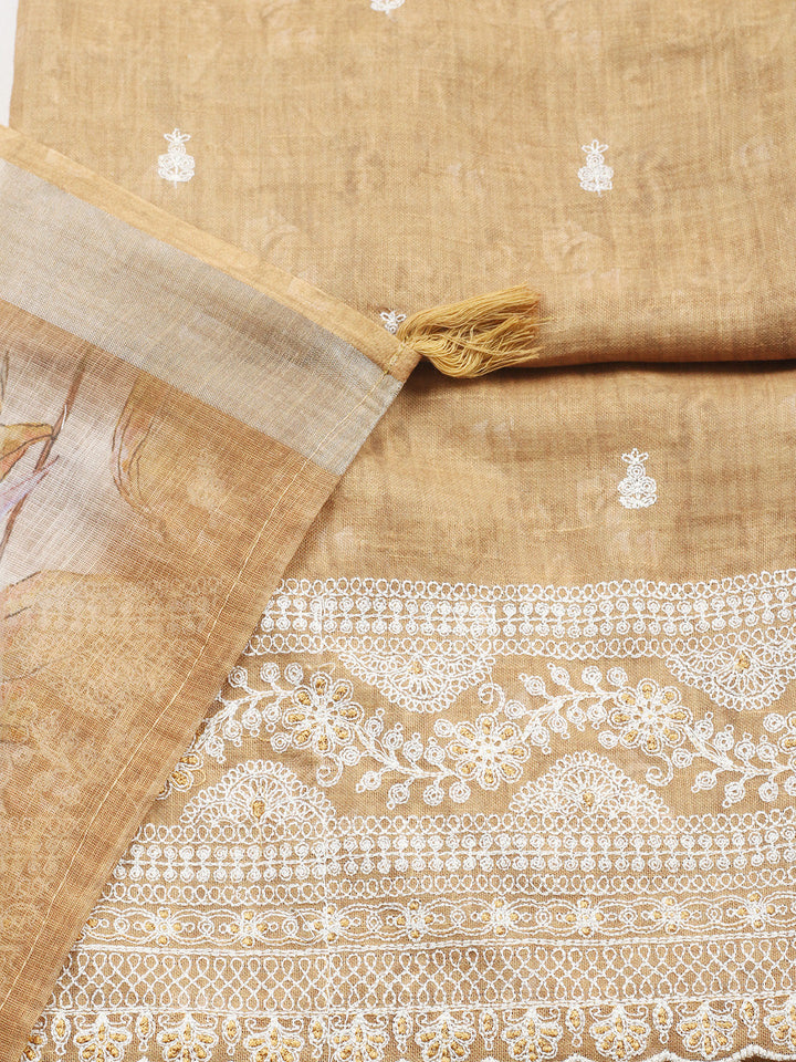 Embroidered Linen Blend Unstitched Suit With Pant &amp; Dupatta