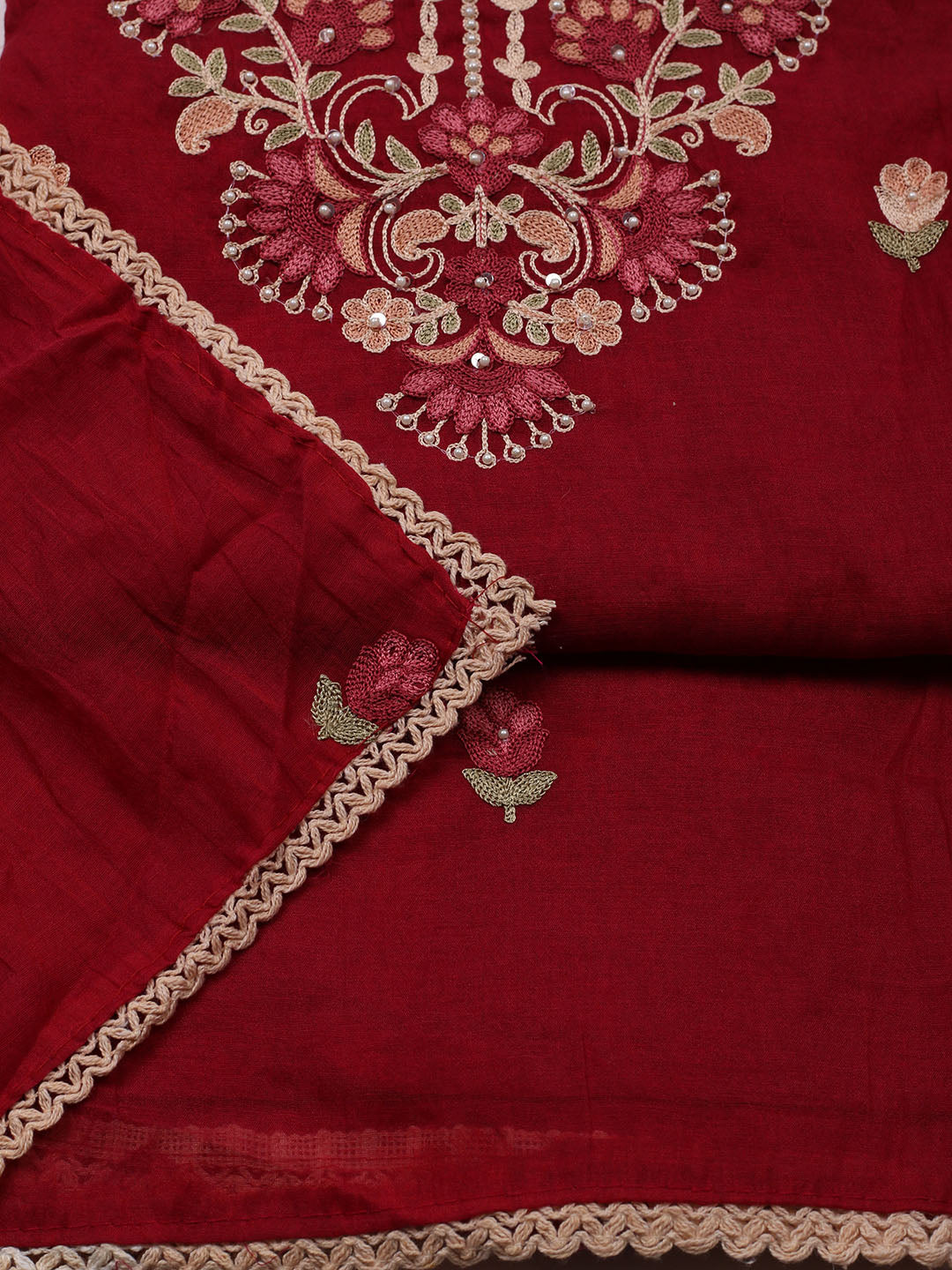 Embroidered Cotton Blend Unstitched Suit With Pant &amp; Dupatta
