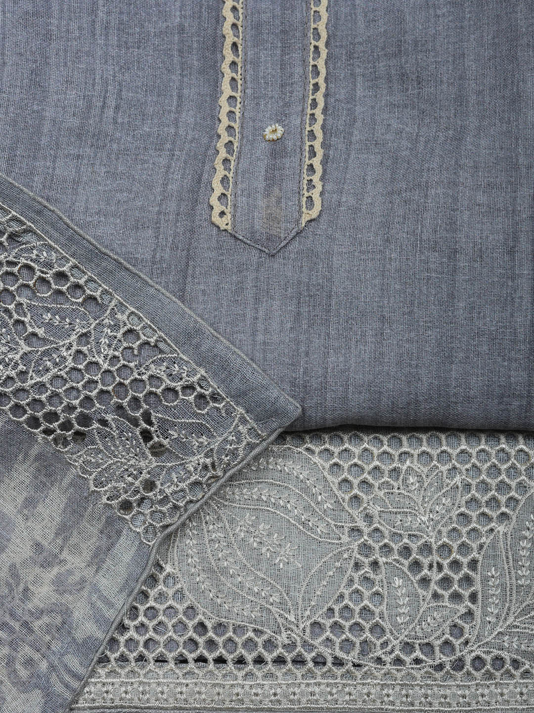 Embroidered Linen Blend Unstitched Suit With Pant &amp; Dupatta