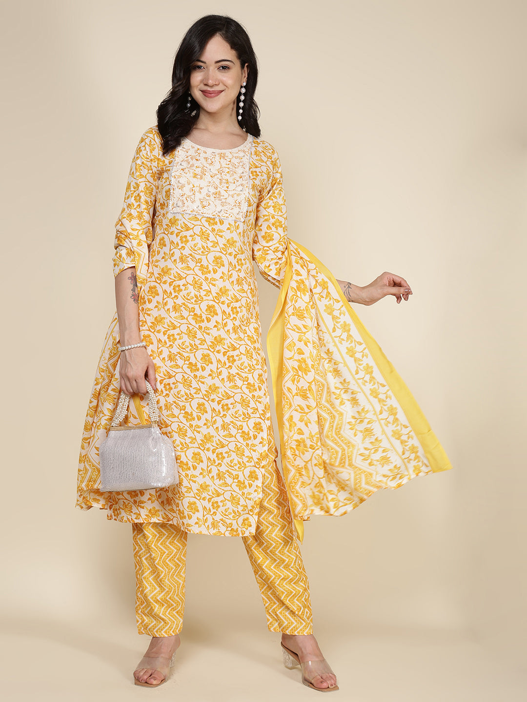 Printed Cotton Blend Kurta With Pants & Dupatta