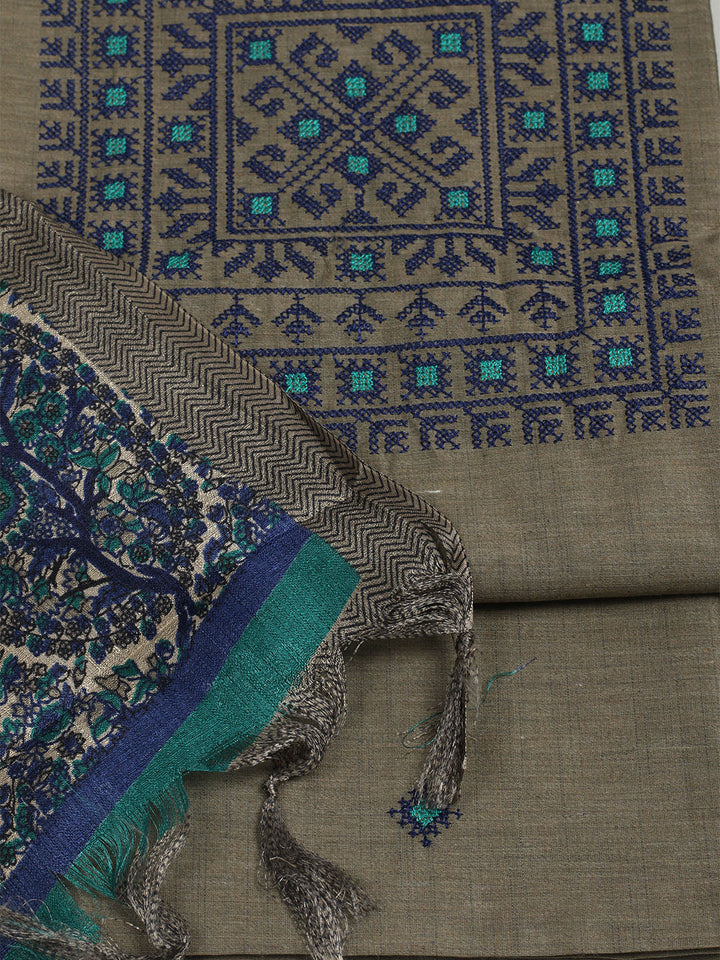 Embroidered Chanderi Unstitched Suit With Pant &amp; Dupatta