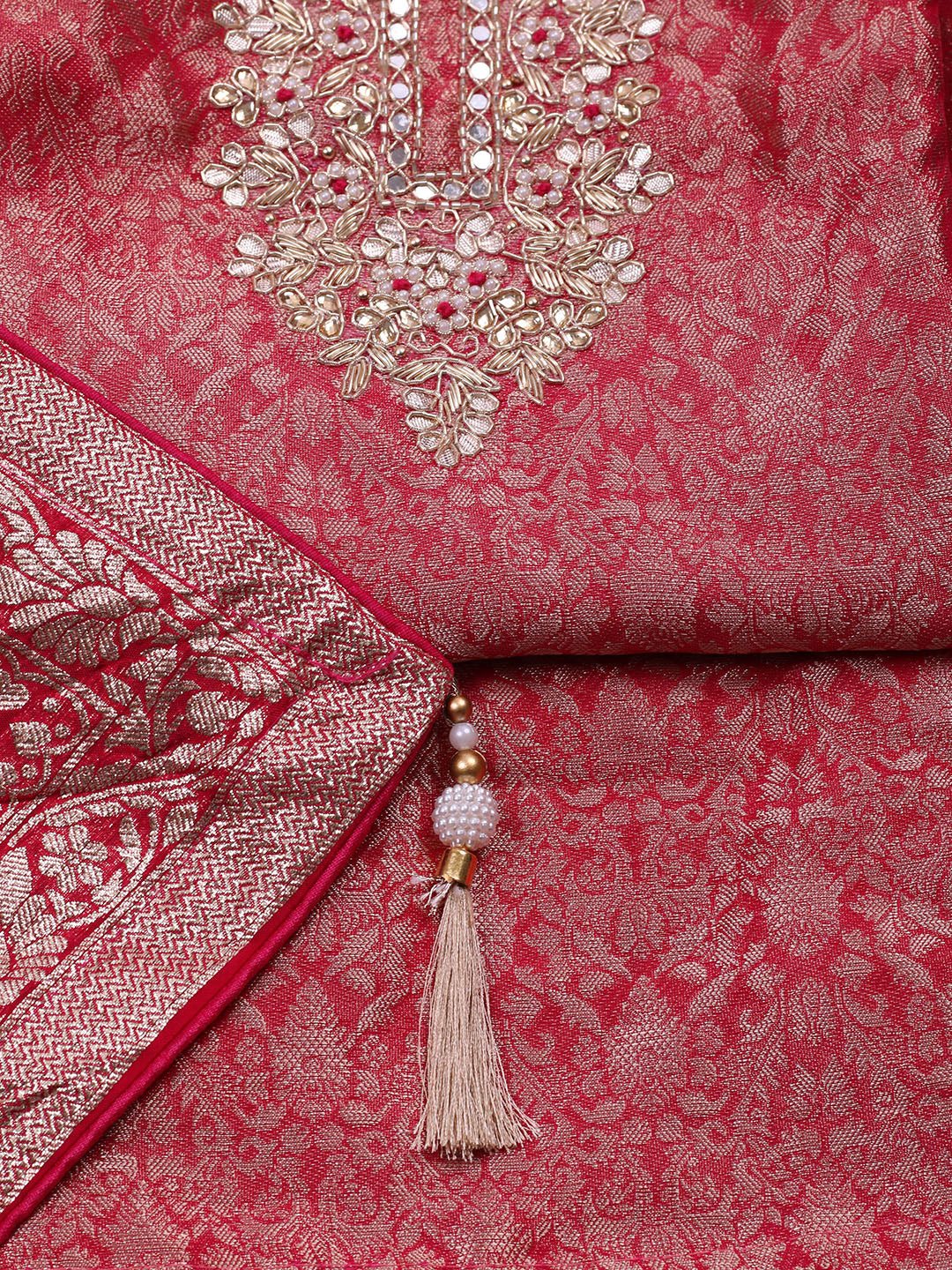 Embroidered Chanderi Unstitched Suit With Pant &amp; Dupatta