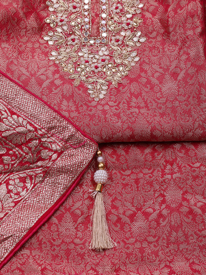 Embroidered Chanderi Unstitched Suit With Pant &amp; Dupatta
