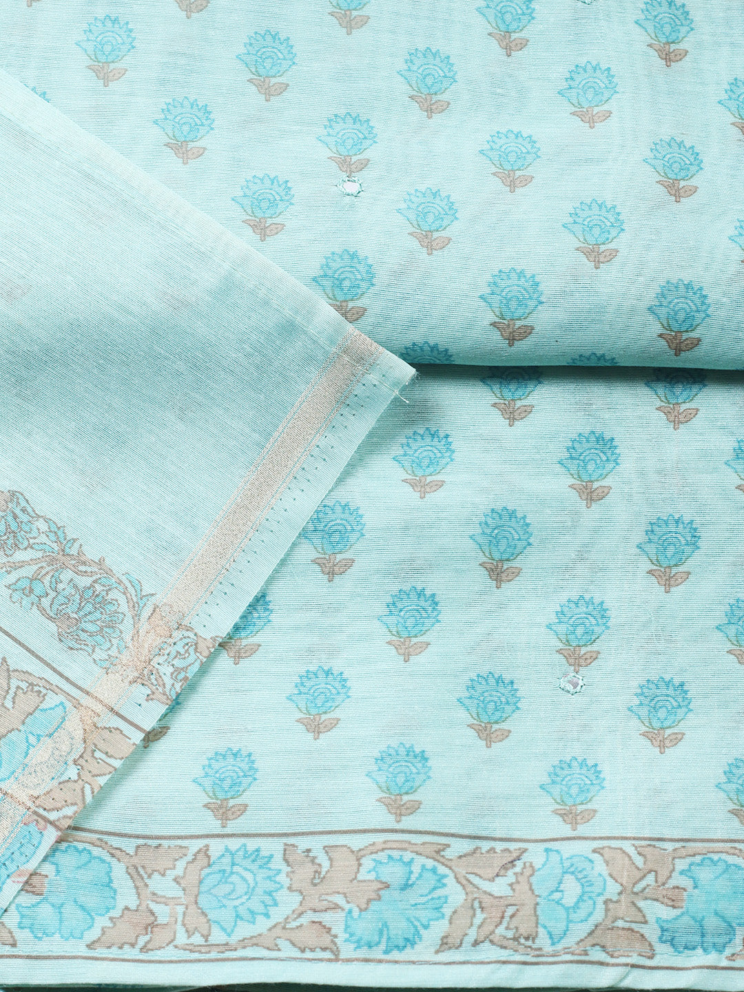 Printed Chanderi Unstitched Suit With Pant &amp; Dupatta