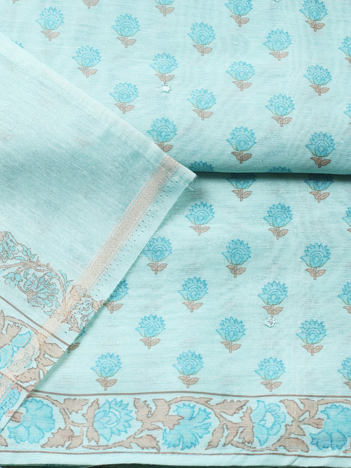 Printed Chanderi Unstitched Suit With Pant &amp; Dupatta