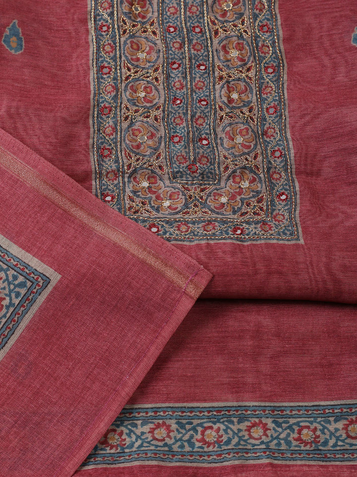 Printed Chanderi Unstitched Suit With Pant &amp; Dupatta