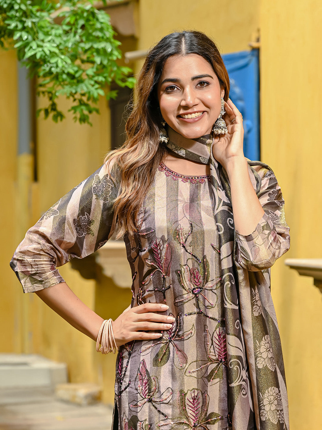 Embroidered Tissue Kurta With Pant &amp; Dupatta