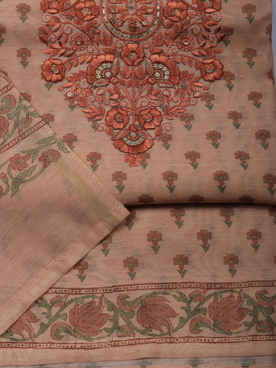 Embroidered Cotton Blend Unstitched Suit With Pant &amp; Dupatta