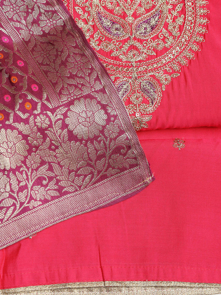 Embroidered Chanderi Unstitched Suit With Dupatta