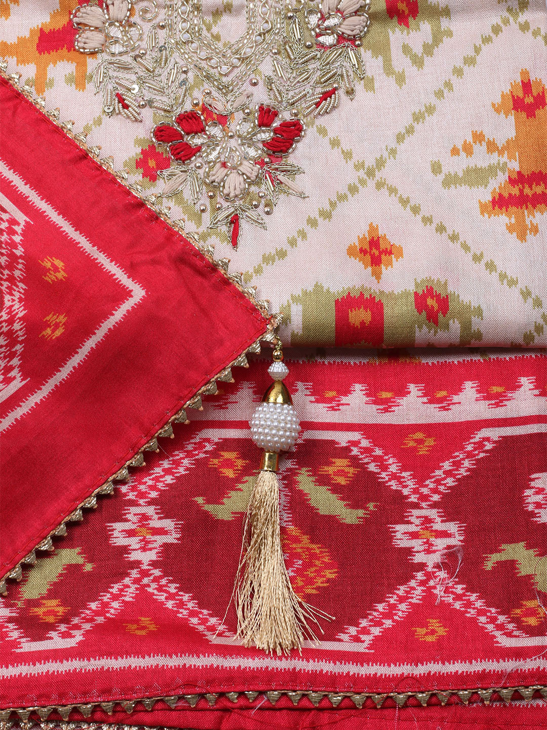 Patola Printed Tussar Unstitched Suit With Dupatta