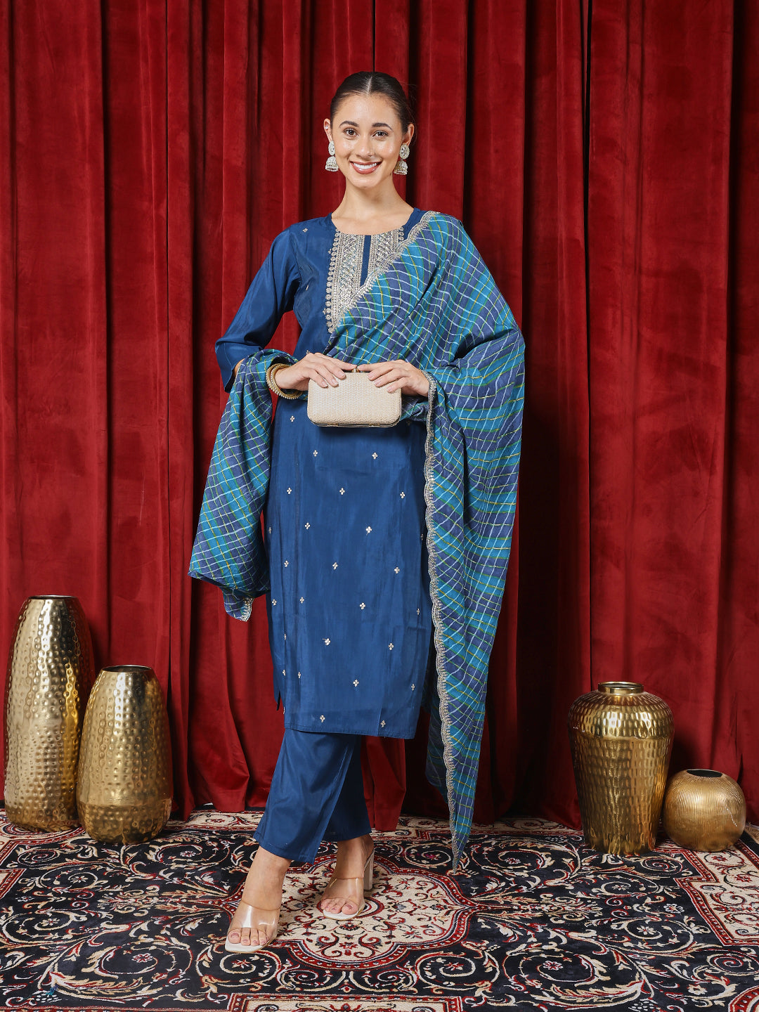 Printed Chanderi Kurta With Pants & Dupatta