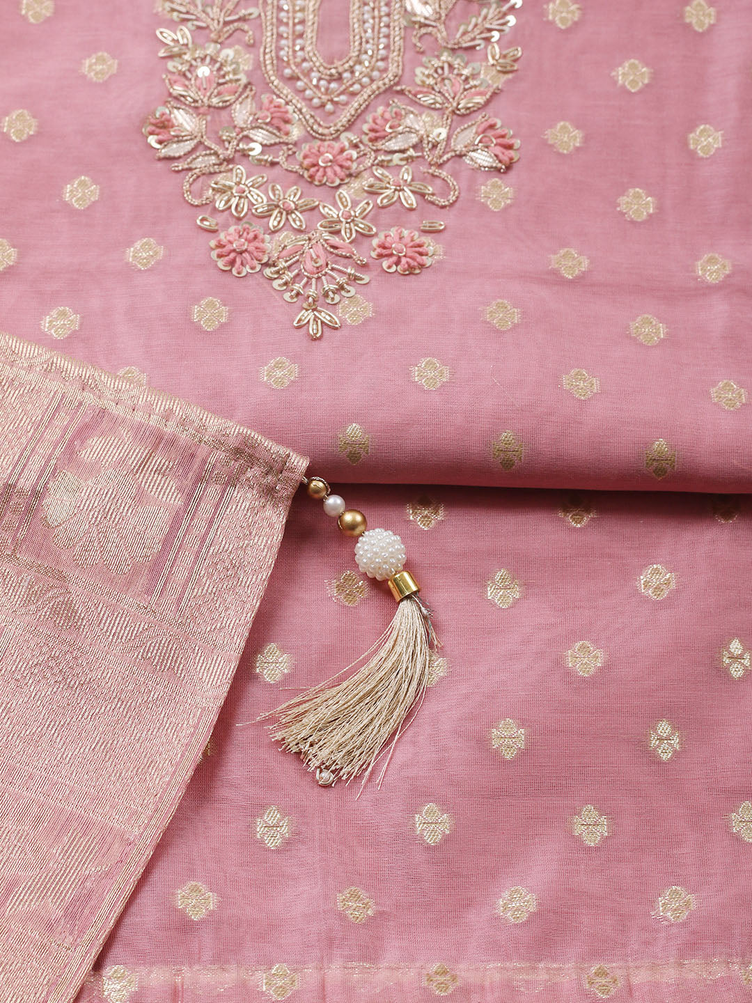 Embroidered Chanderi Unstitched Suit With Pant &amp; Dupatta