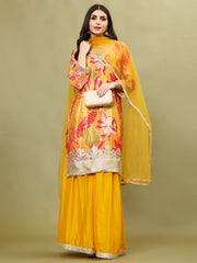 Floral Printed Art Silk Kurta With Sharara And Dupatta