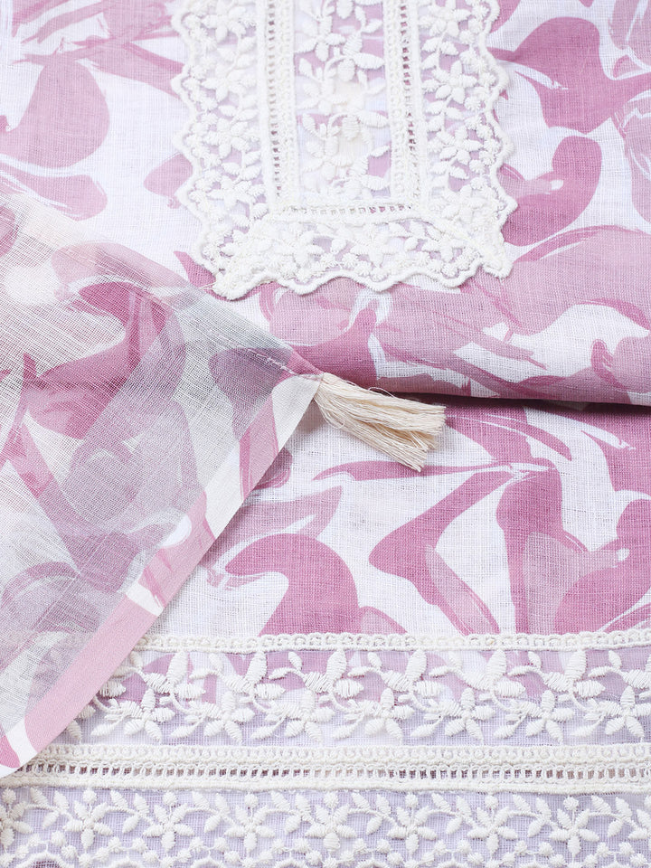 Embroidered Linen Blend Unstitched Suit With Pant &amp; Dupatta
