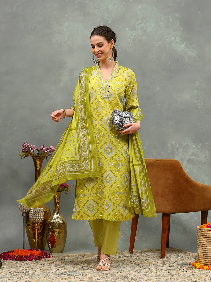 Printed Cotton Blend Kurta With Pants &amp; Dupatta