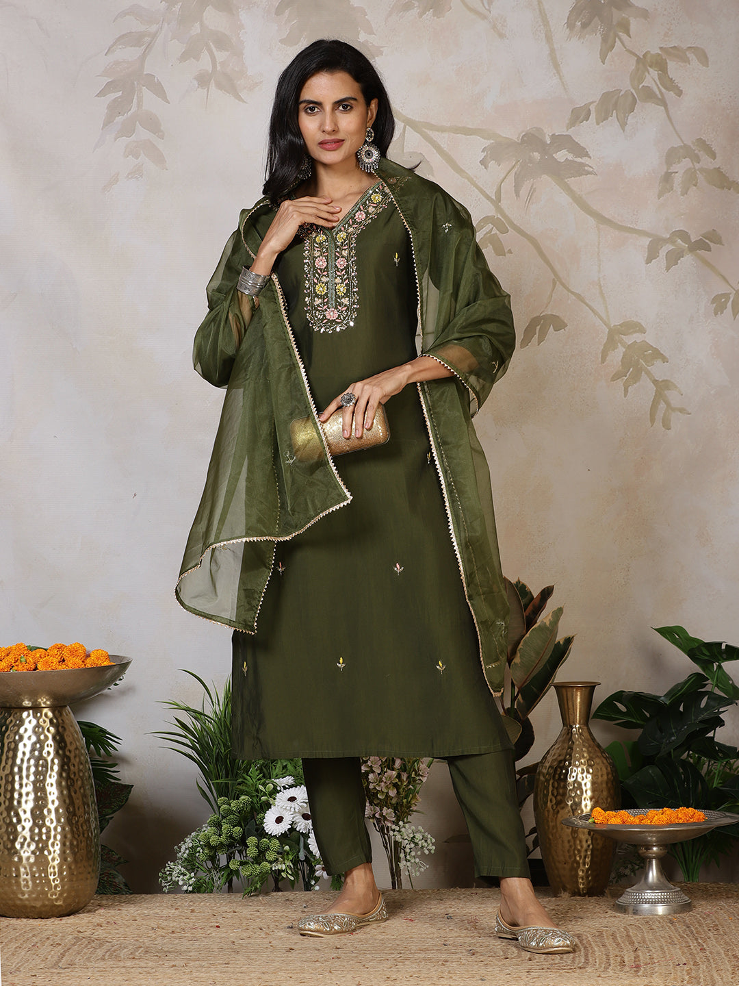 Embroidered Cotton Blend Kurta With Pants & Dupatta