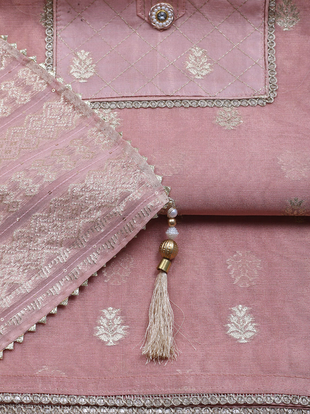 Zari Embroidered Chanderi Unstitched Suit With Dupatta