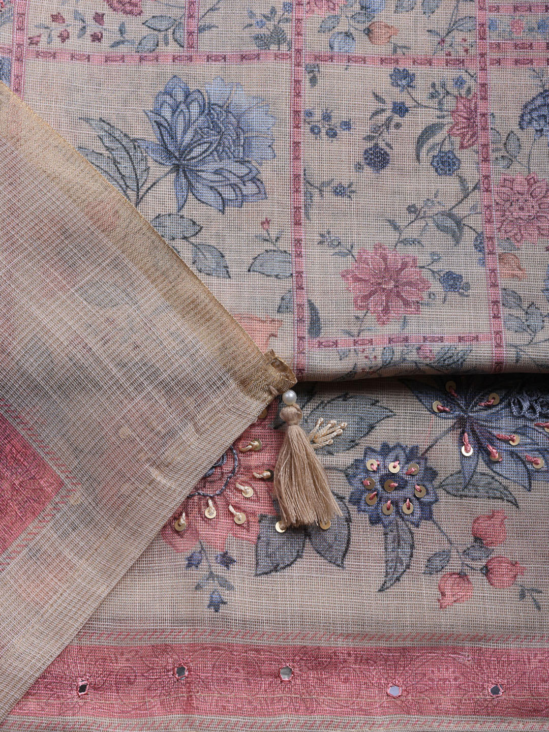 Printed Linen Blend Unstitched Suit With Pant &amp; Dupatta
