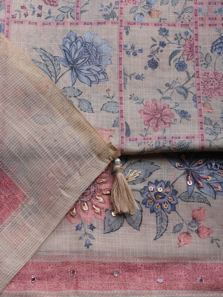 Printed Linen Blend Unstitched Suit With Pant &amp; Dupatta