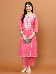 Resham Work Cotton Blend Kurti With Pants