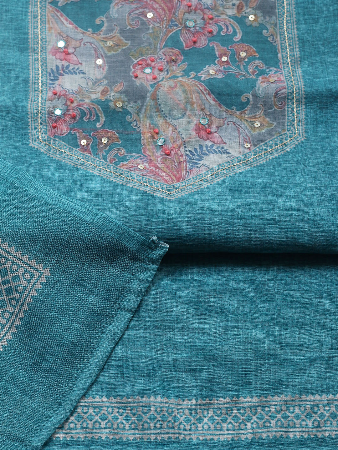 Embroidered Linen Blend Unstitched Suit With Pant &amp; Dupatta