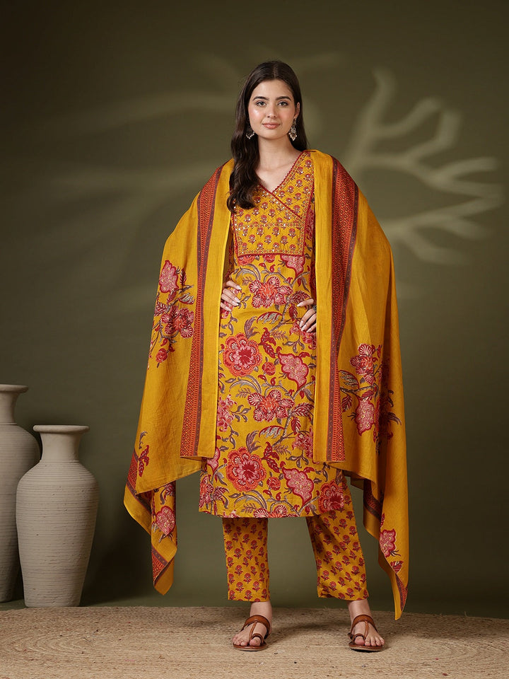 Printed Cotton Blend Kurta With Pant &amp; Dupatta